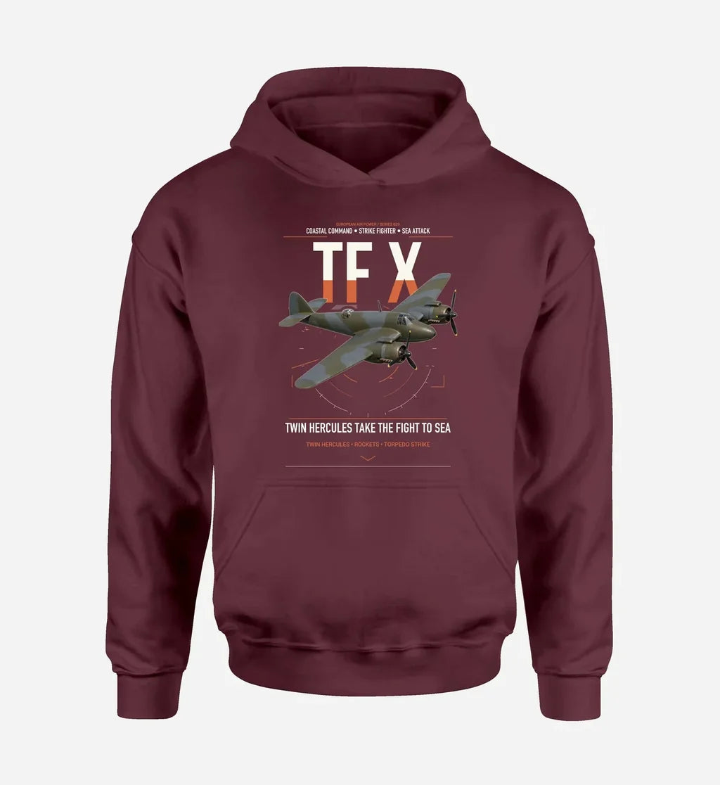 Bristol Beaufighter TF X design on dark red double-side hoodie, single-side print