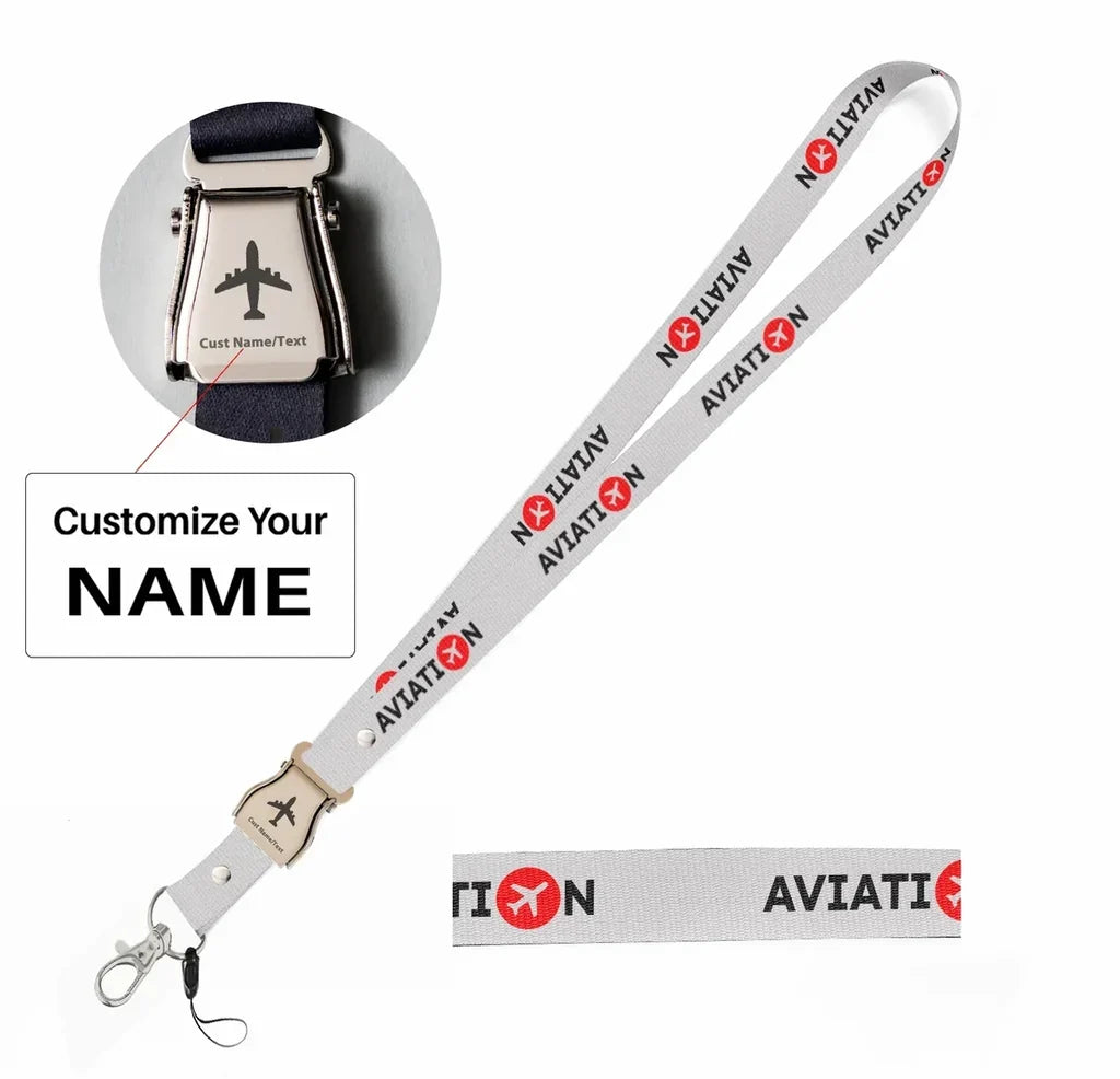 Aviation seat belt lanyard - white with name