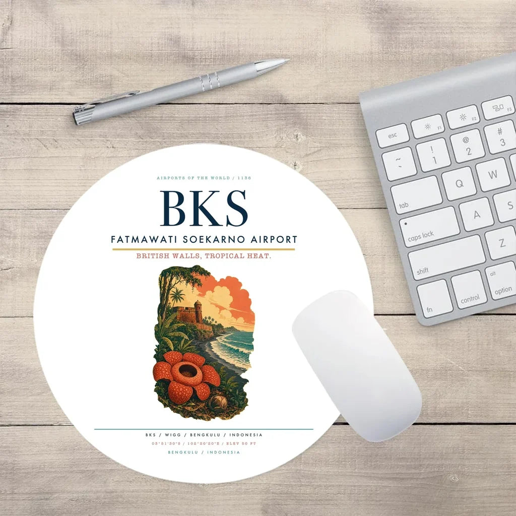 Fatmawati Soekarno Airport (BKS) design on white round mouse pad