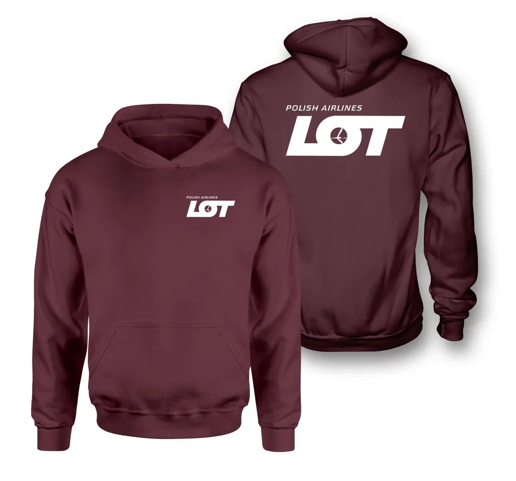LOT Polish Airlines logo on dark red double side hoodie