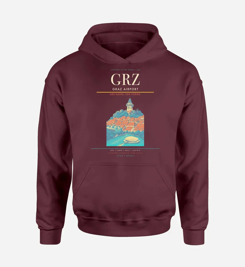 Graz Airport (GRZ) design on dark red hoodie single-side print
