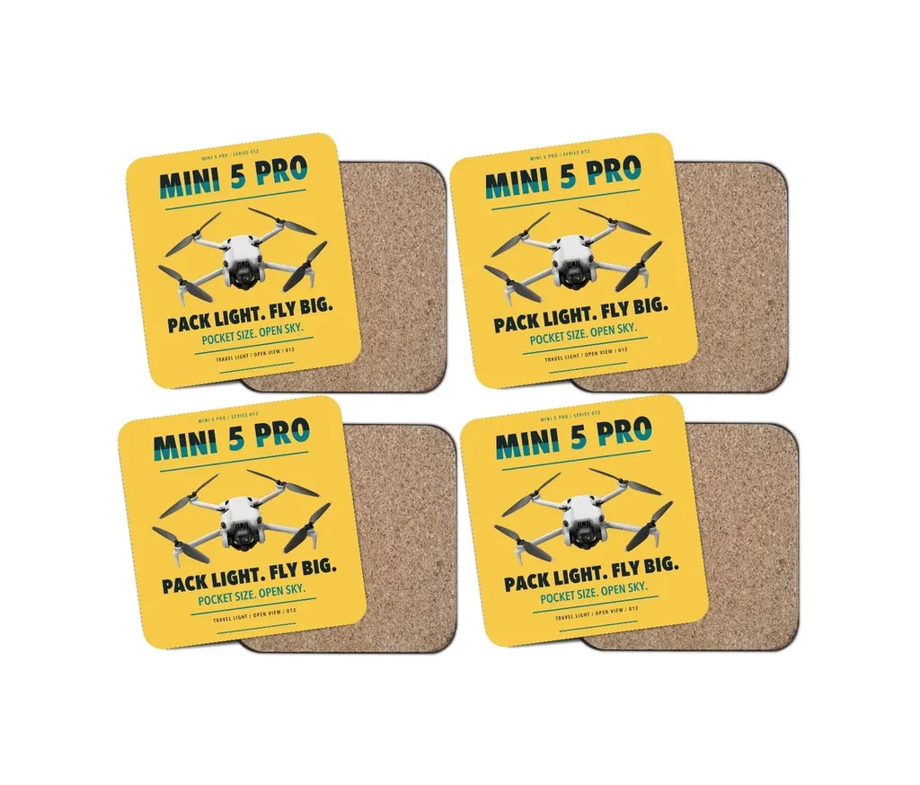 DJI Mini 5 Pro design on yellow 4 pieces set coaster