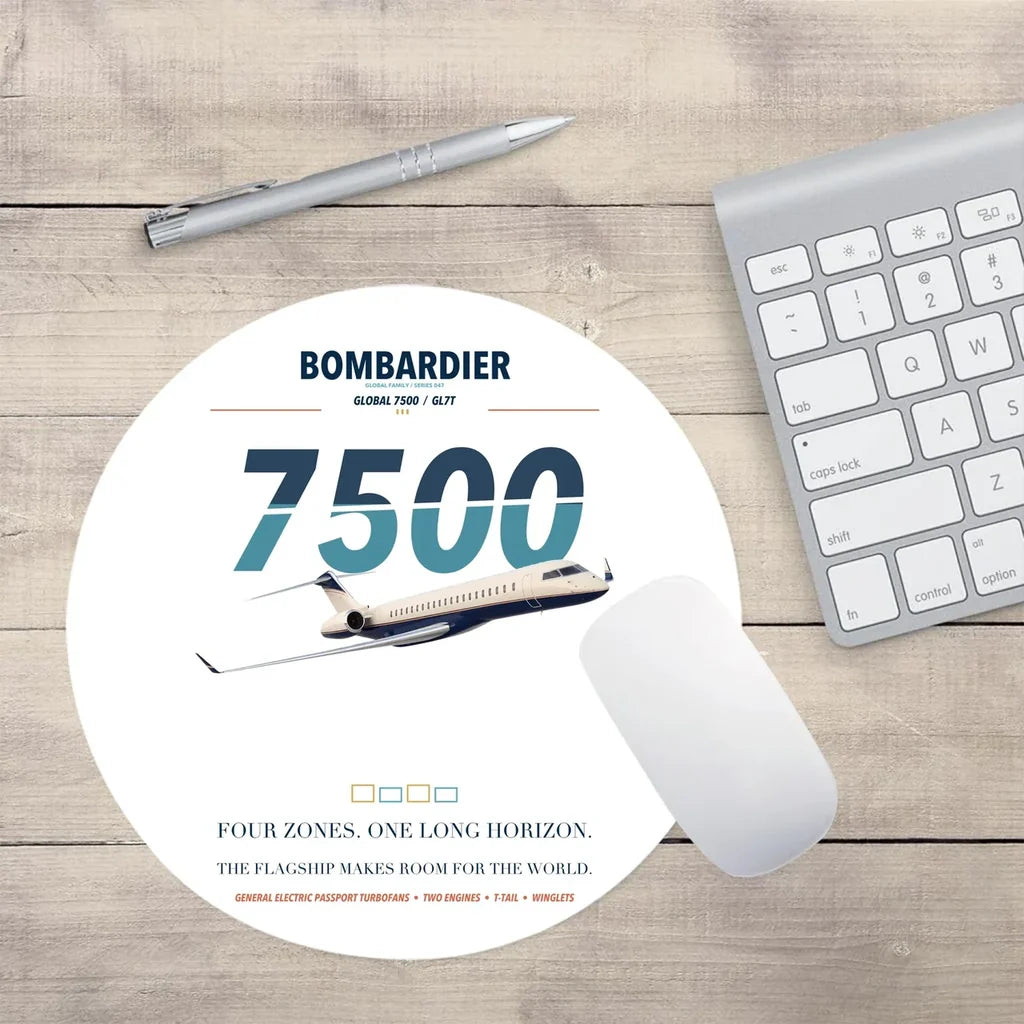 Bombardier Global 7500 design on white round mouse pad