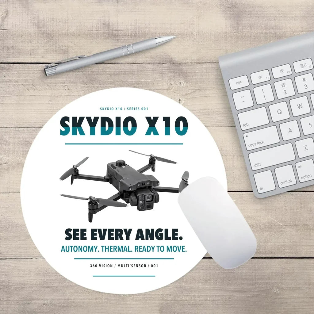 Skydio X10 design on white round mouse pad