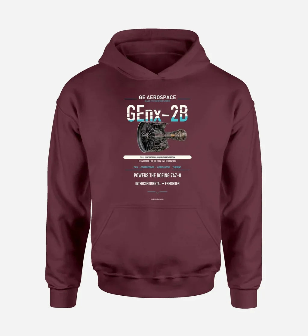GEnx-2B design on dark red hoodie single side