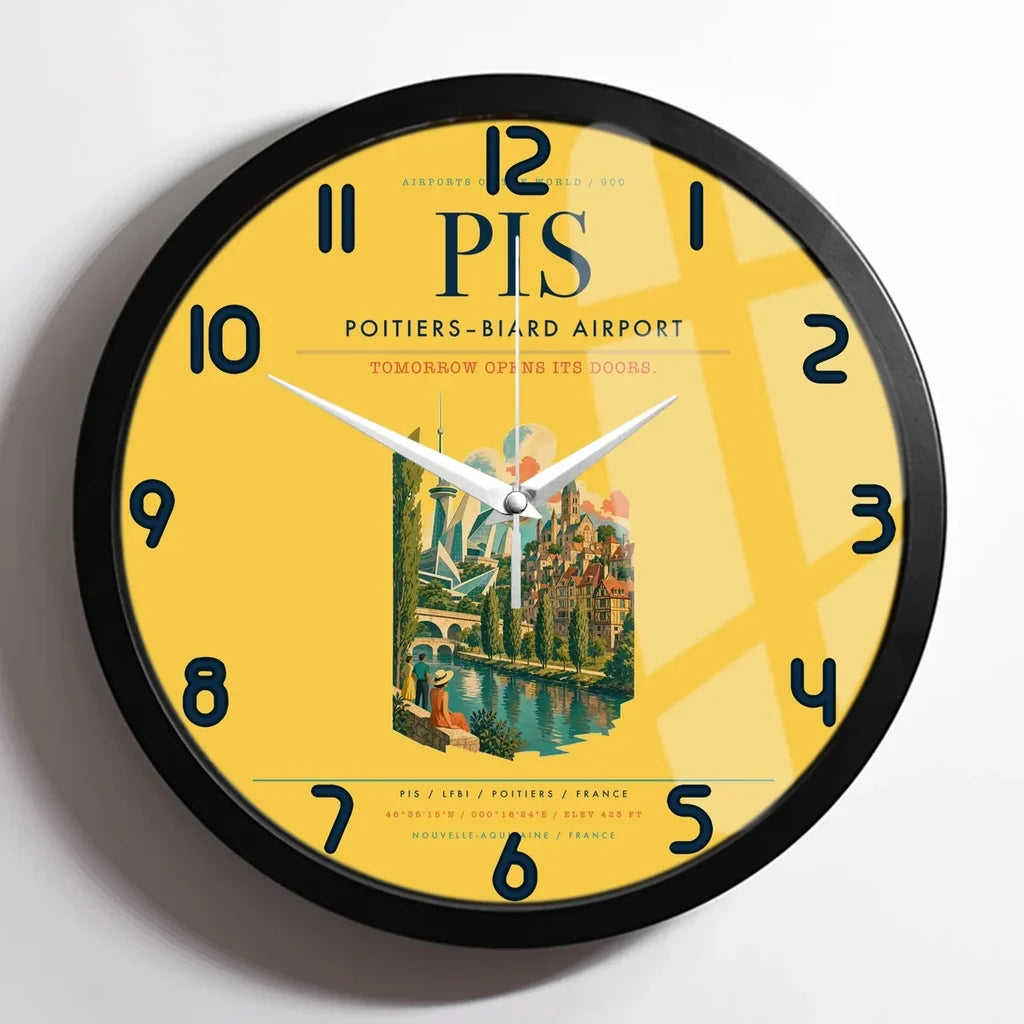 Poitiers–Biard Airport (PIS) design on yellow framed wall clock