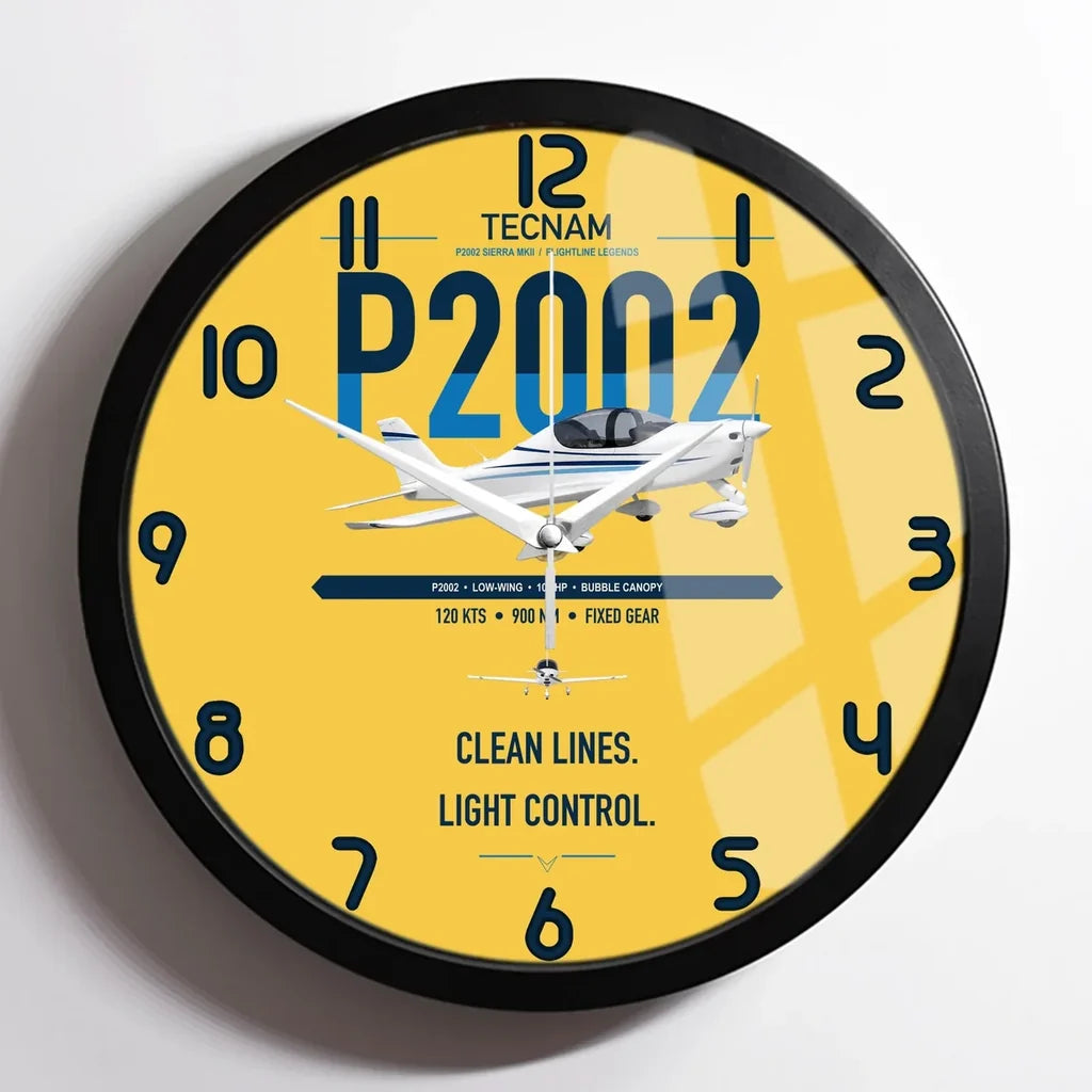 Tecnam P2002 Sierra MkII design on yellow framed wall clock