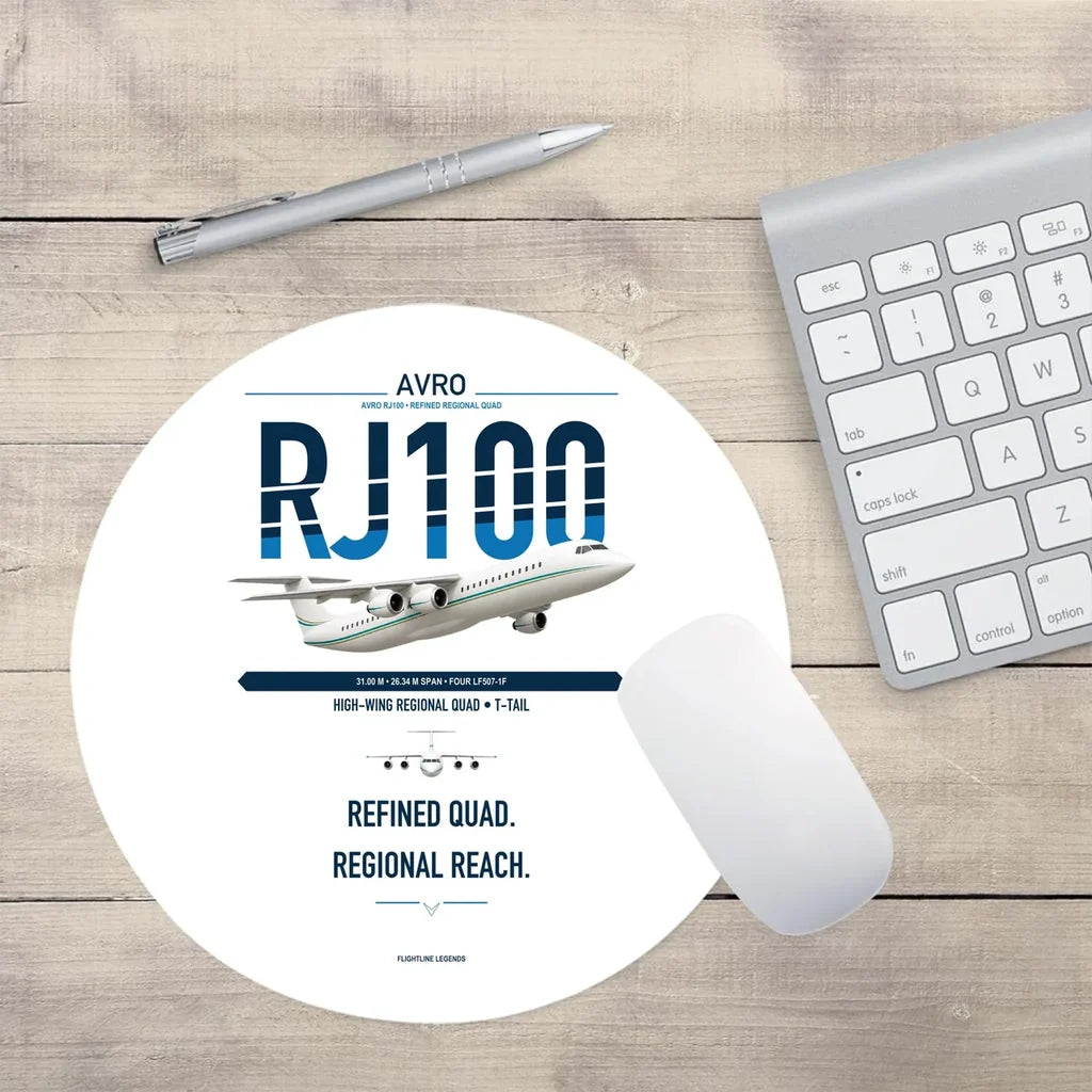 Avro RJ100 design on white round mouse pad