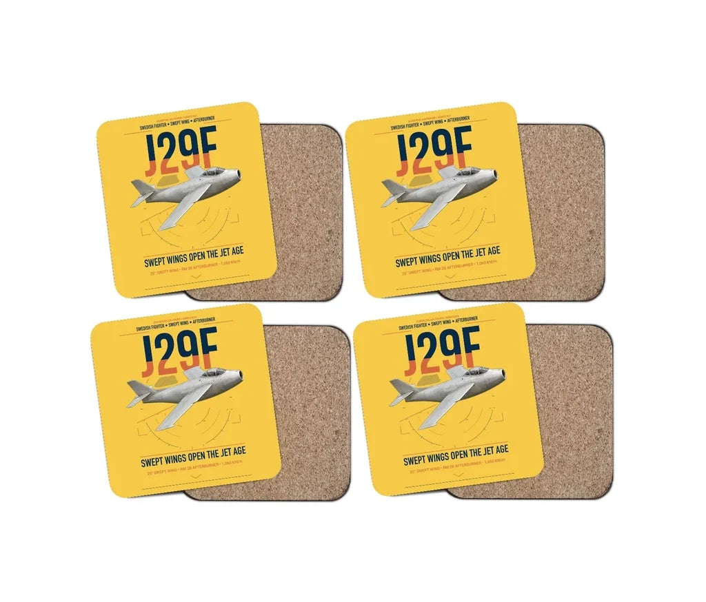 Saab J 29F Tunnan design on yellow 4 pieces set coaster