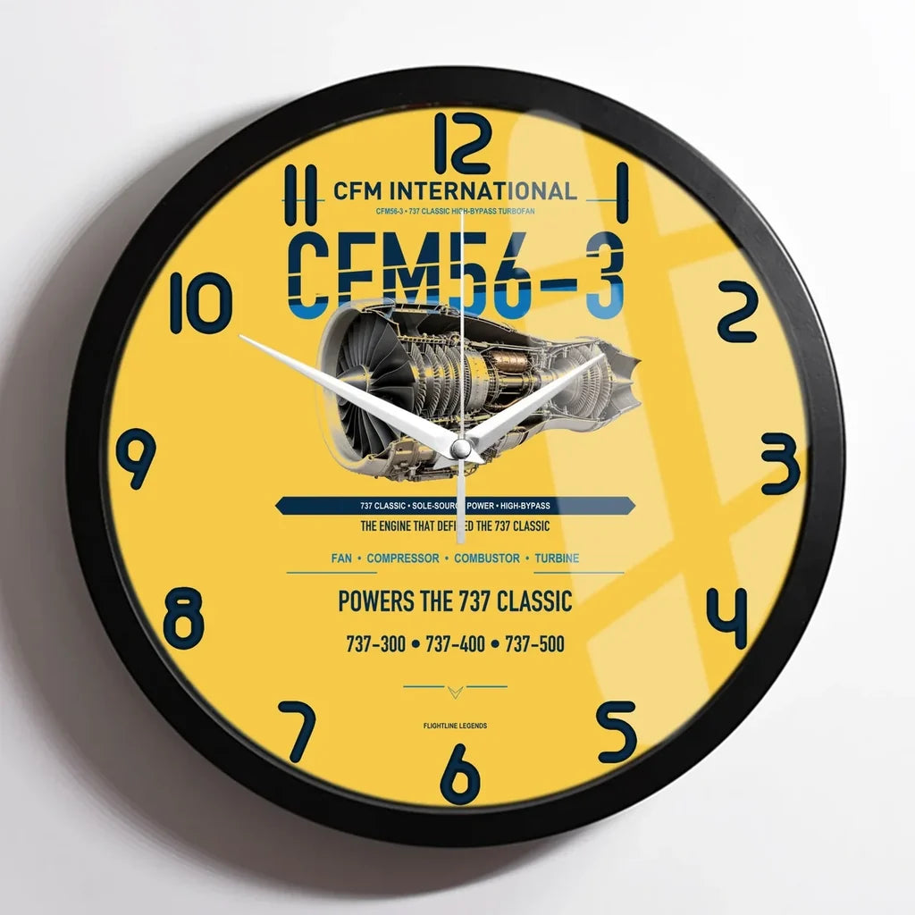 CFM56-3 design on yellow framed wall clock