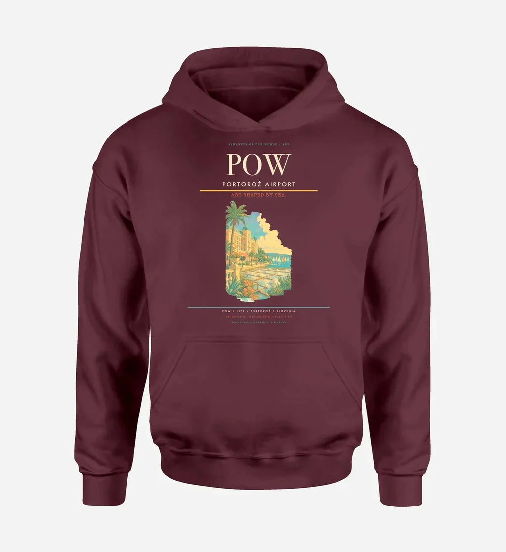 Portorož Airport (POW) design on dark red hoodie single-side print