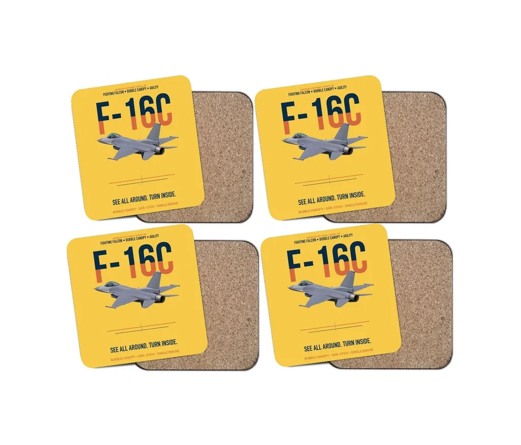 F-16C Fighting Falcon See All Around Turn Inside design on yellow 4 pieces set coaster