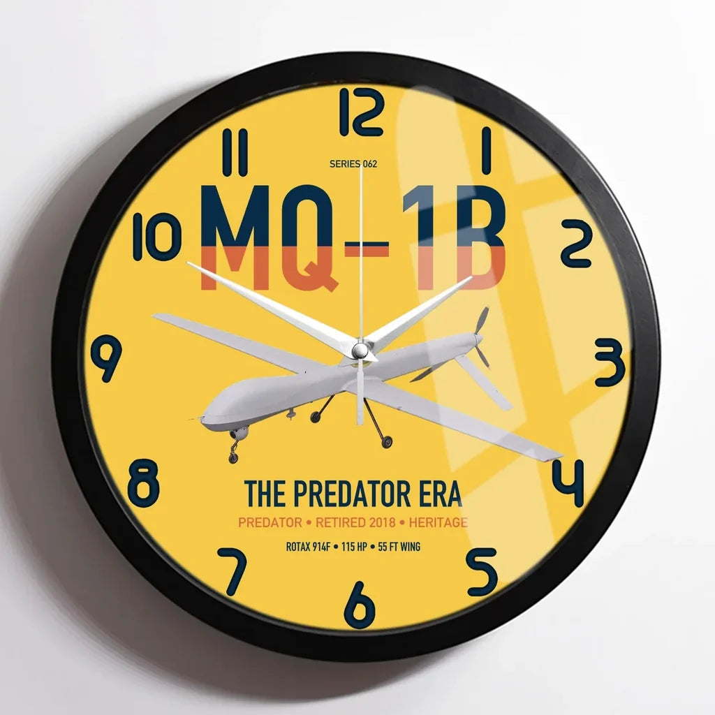 MQ-1B Predator design on yellow framed wall clock