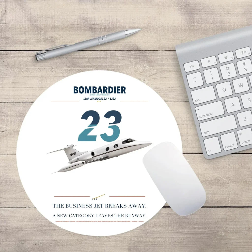 Bombardier Learjet 23 design on white round mouse pad