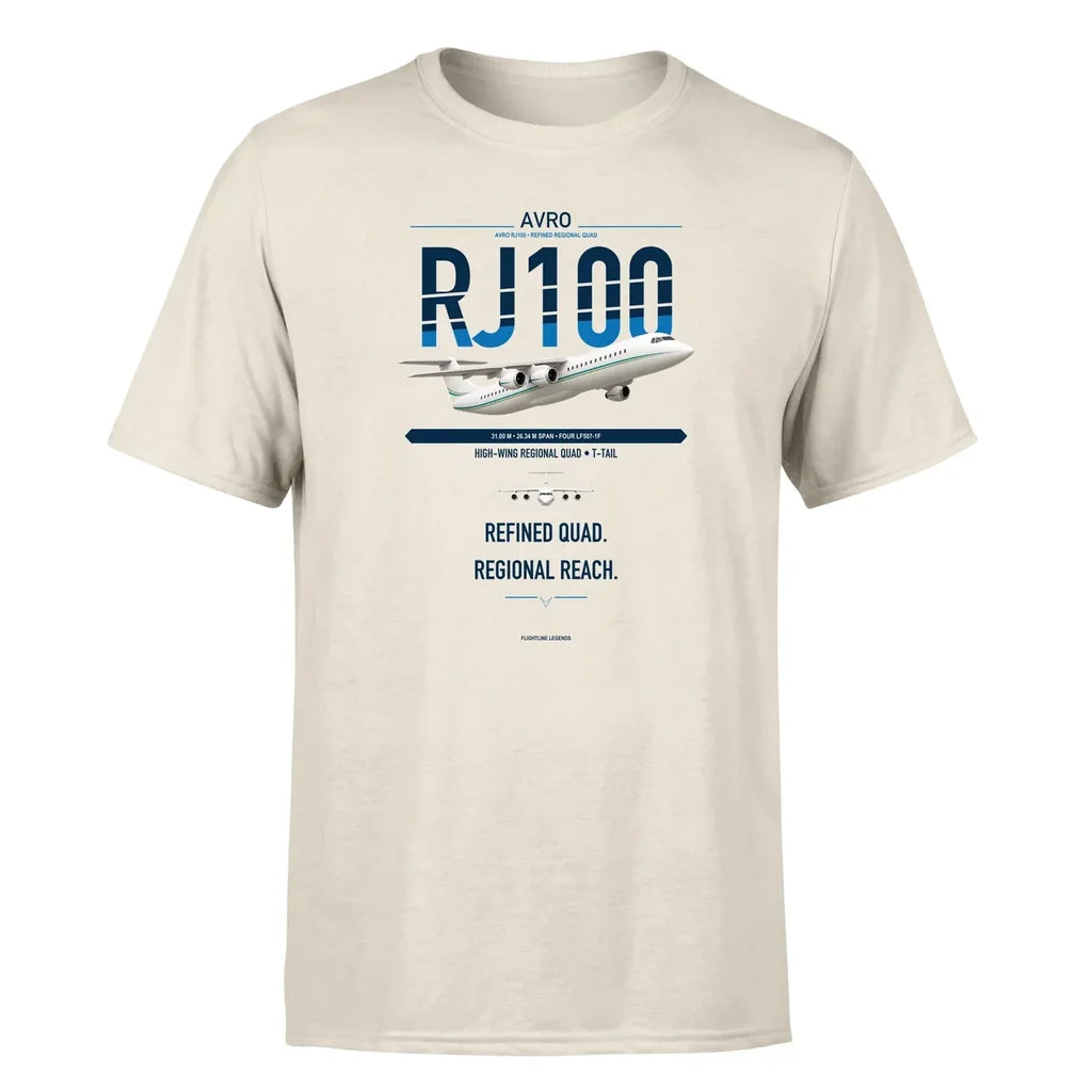 Avro RJ100 design on beige double-side t-shirt, single-side print