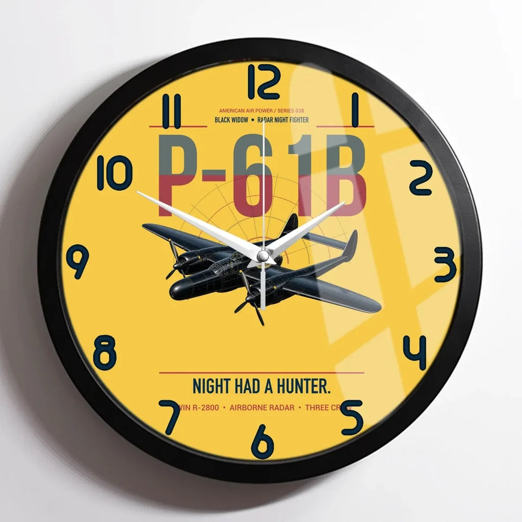 P-61B Black Widow design on yellow framed wall clock