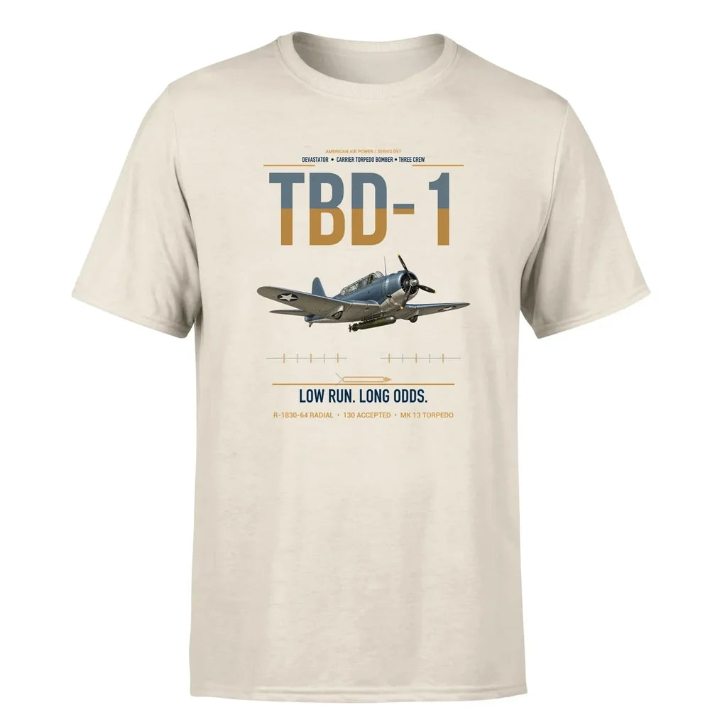 TBD-1 Devastator design on beige double-side t-shirt, single-side print