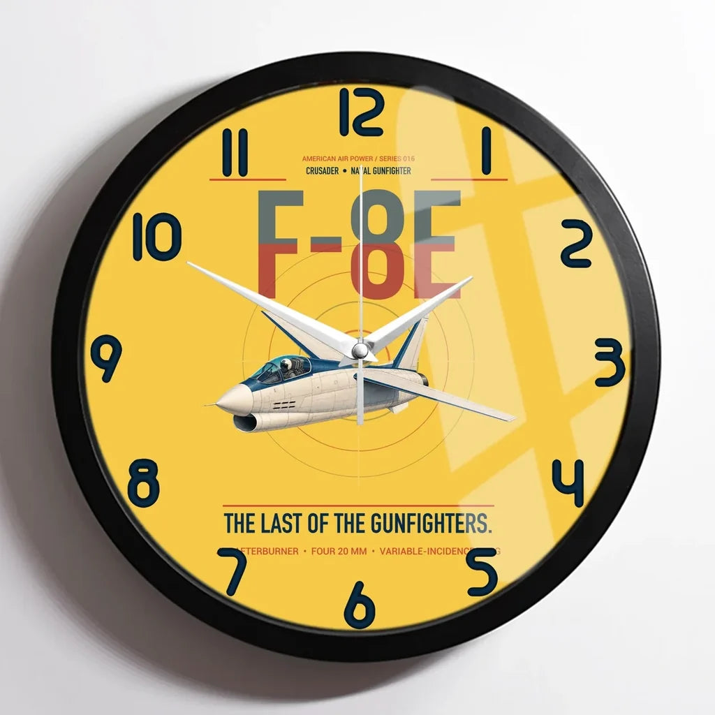 F-8E Crusader design on yellow framed wall clock