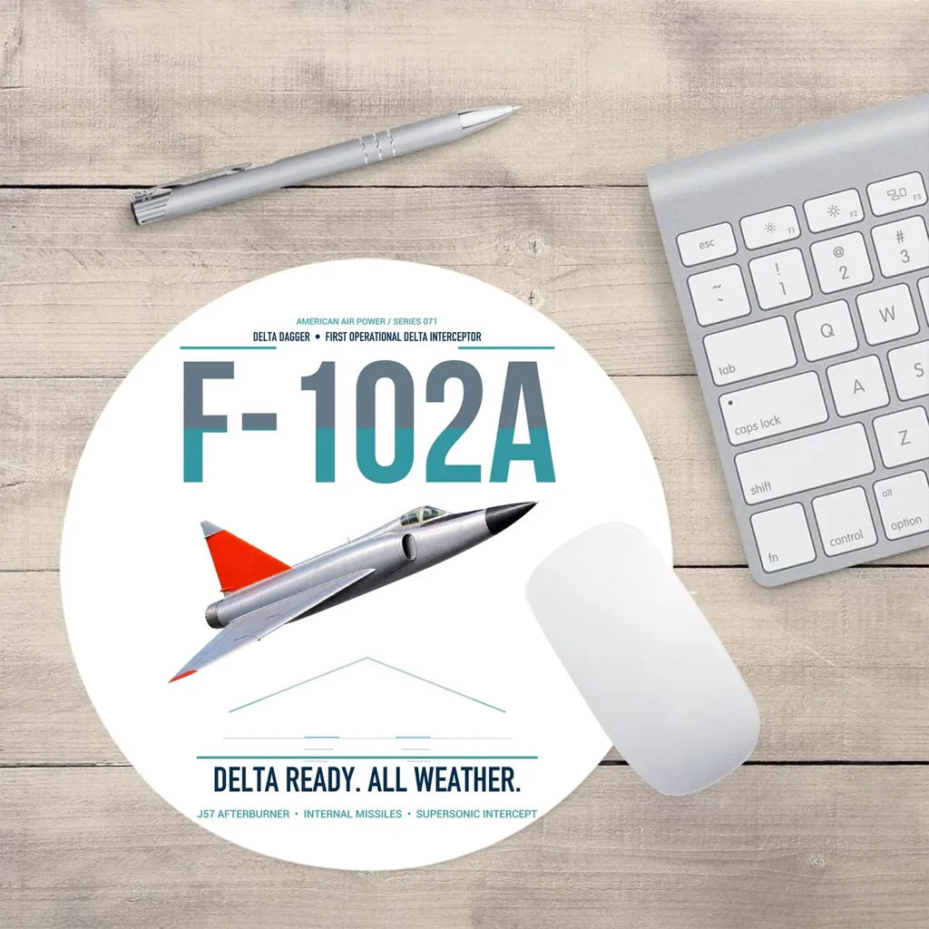 F-102A Delta Dagger design on white round mouse pad