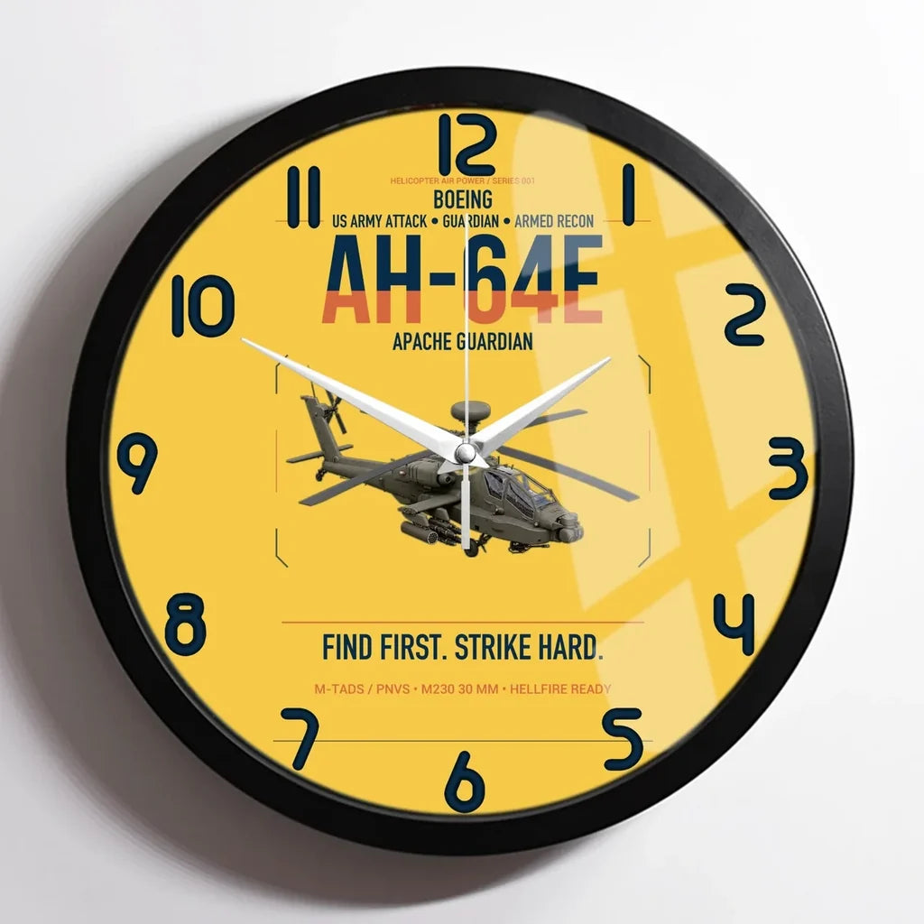 Boeing AH-64E Apache Guardian design on yellow framed wall clock