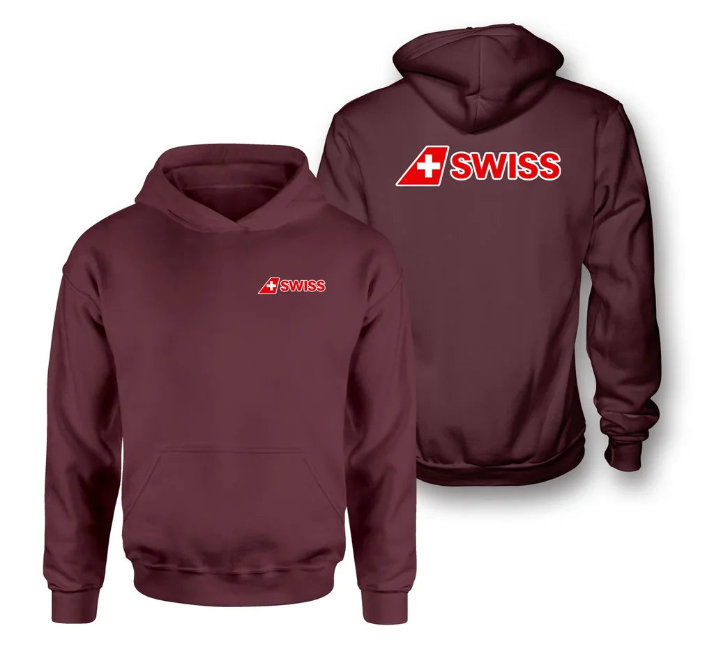 Swiss International Airlines logo on dark red double side hoodie