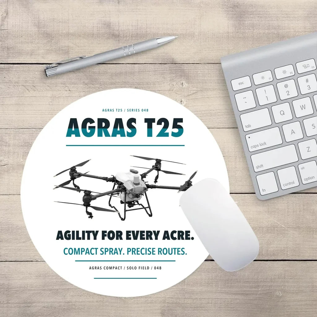 DJI Agras T25 design on white round mouse pad