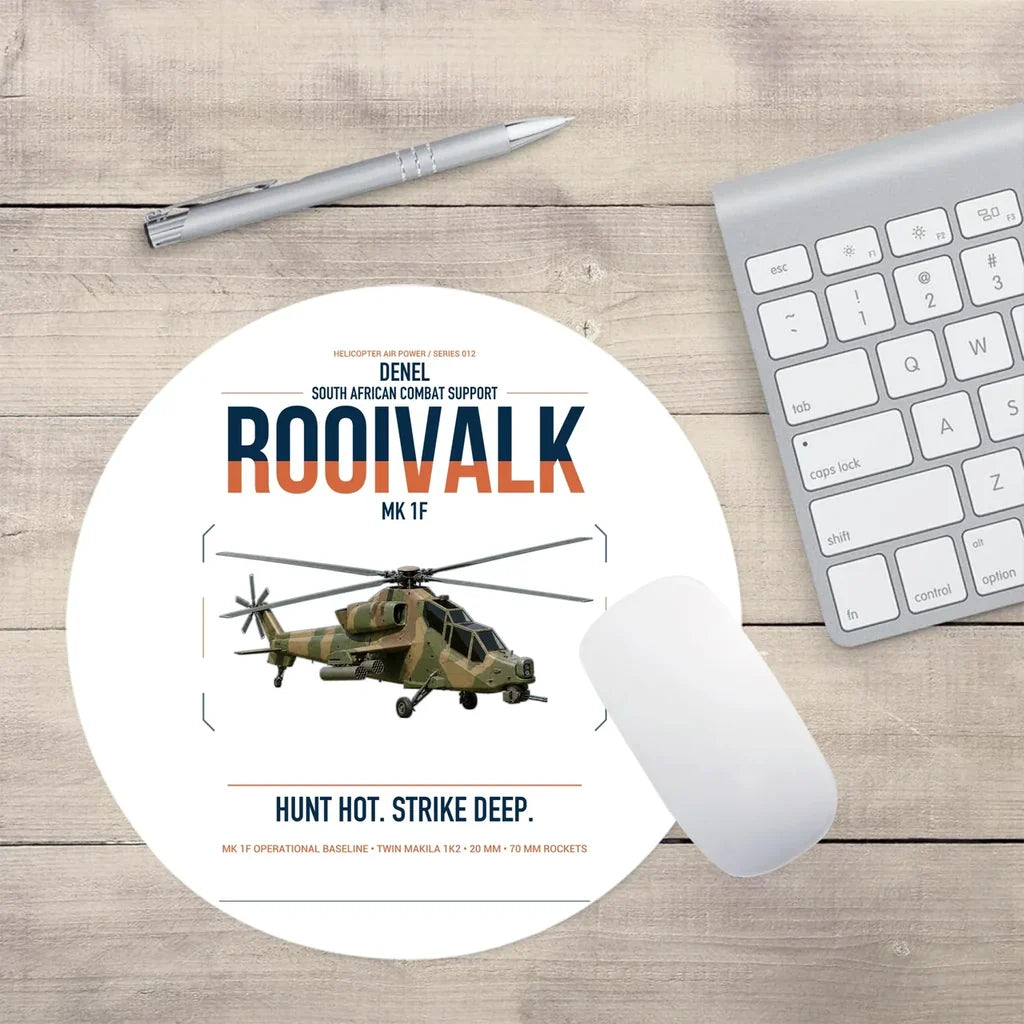 Denel Rooivalk Mk 1F design on white round mouse pad