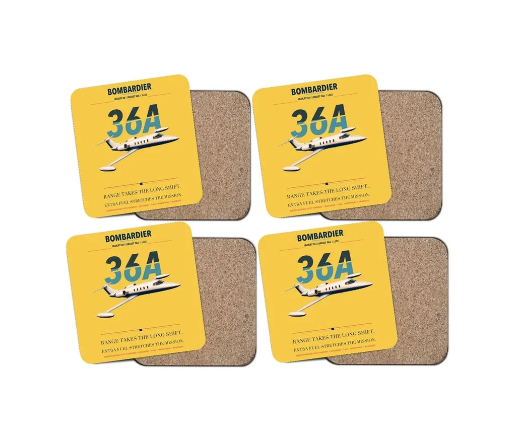 Bombardier Learjet 36A design on yellow 4 pieces set coaster