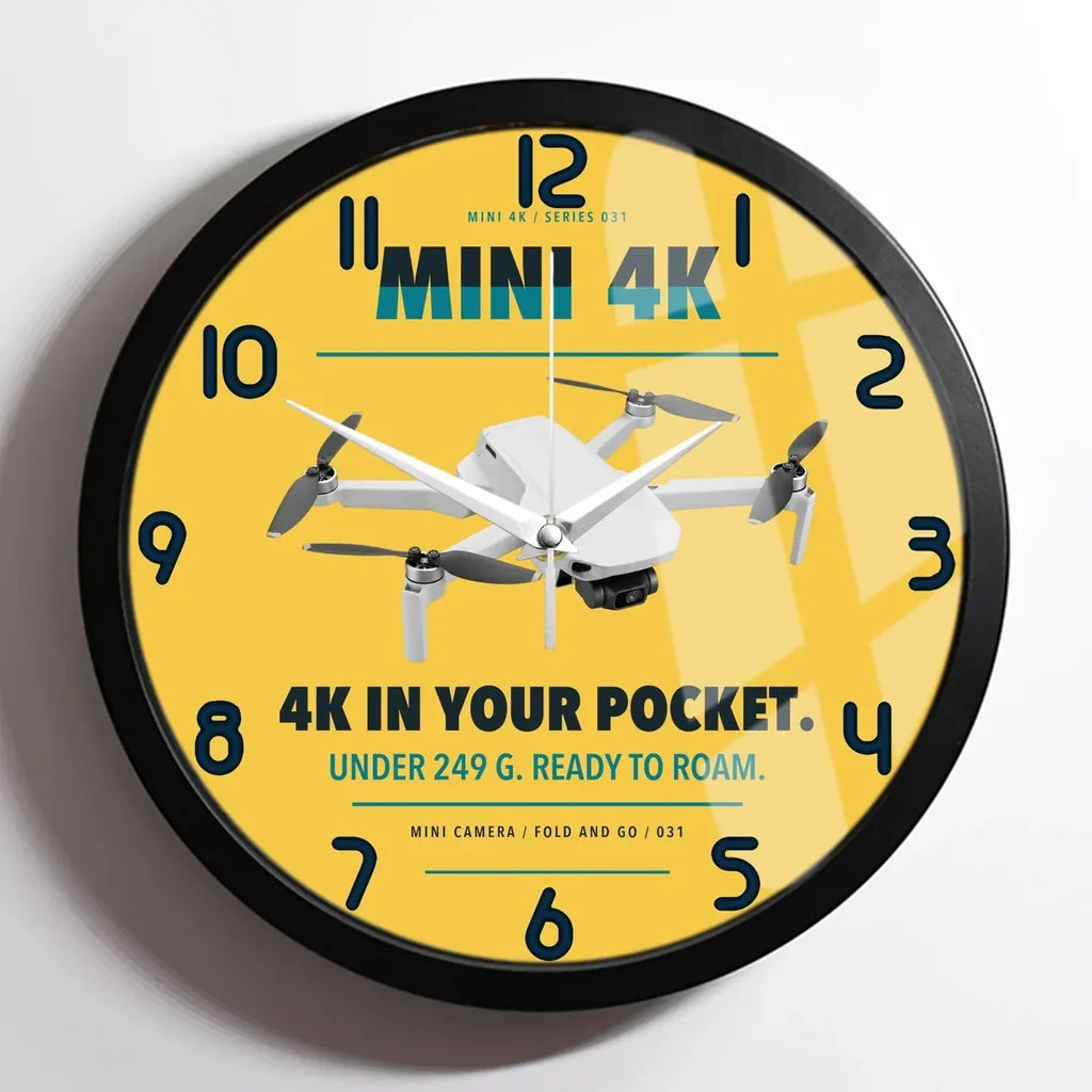 DJI Mini 4K design on yellow framed wall clock