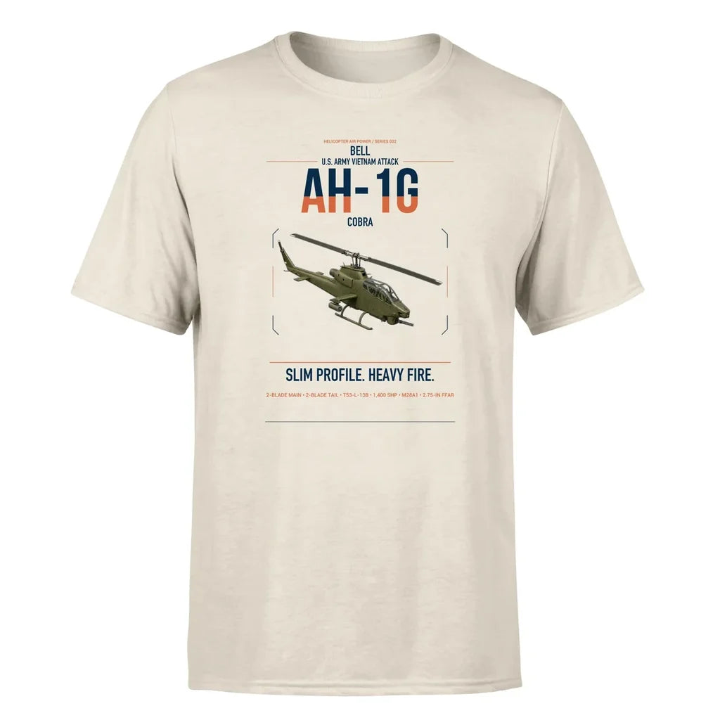 Bell AH-1G Cobra design on beige t-shirt, single-side print