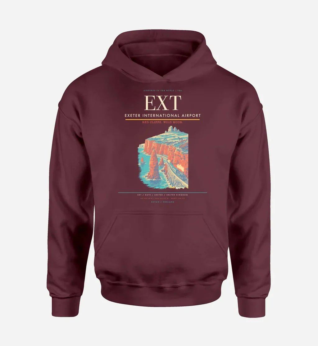 Exeter International Airport (EXT) design on dark red hoodie single-side print
