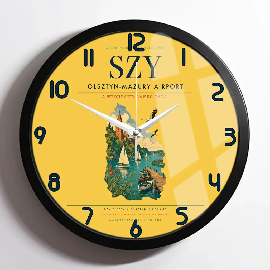 Olsztyn-Mazury Airport (SZY) design on yellow framed wall clock