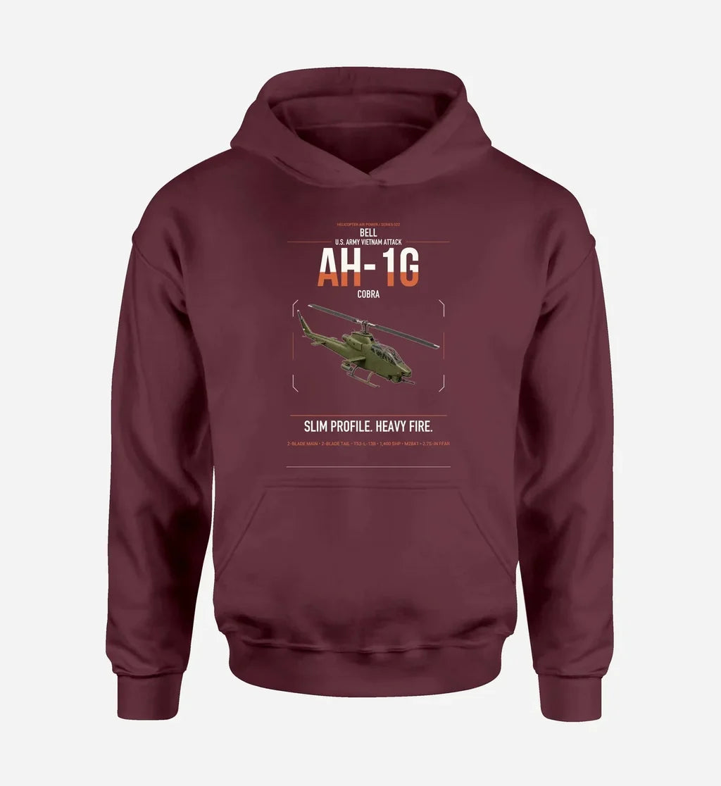Bell AH-1G Cobra design on dark red double-side hoodie, single-side print