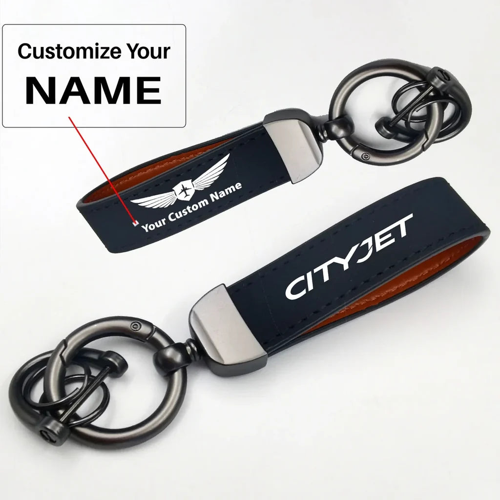City Jet Airlines Horseshoe Buckle key chain, Navy Blue + Name