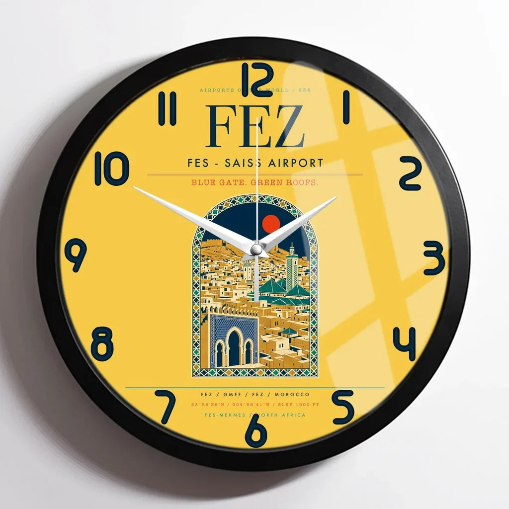 Fes (FEZ) design on yellow framed wall clock
