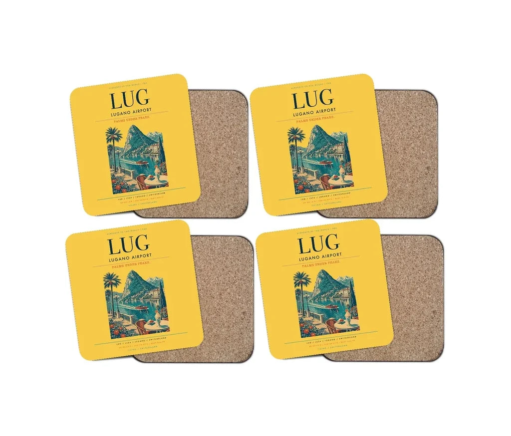 Lugano Airport (LUG) design on yellow 4 pieces set coaster