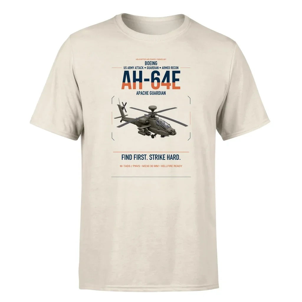 Boeing AH-64E Apache Guardian design on beige t-shirt, single-side print