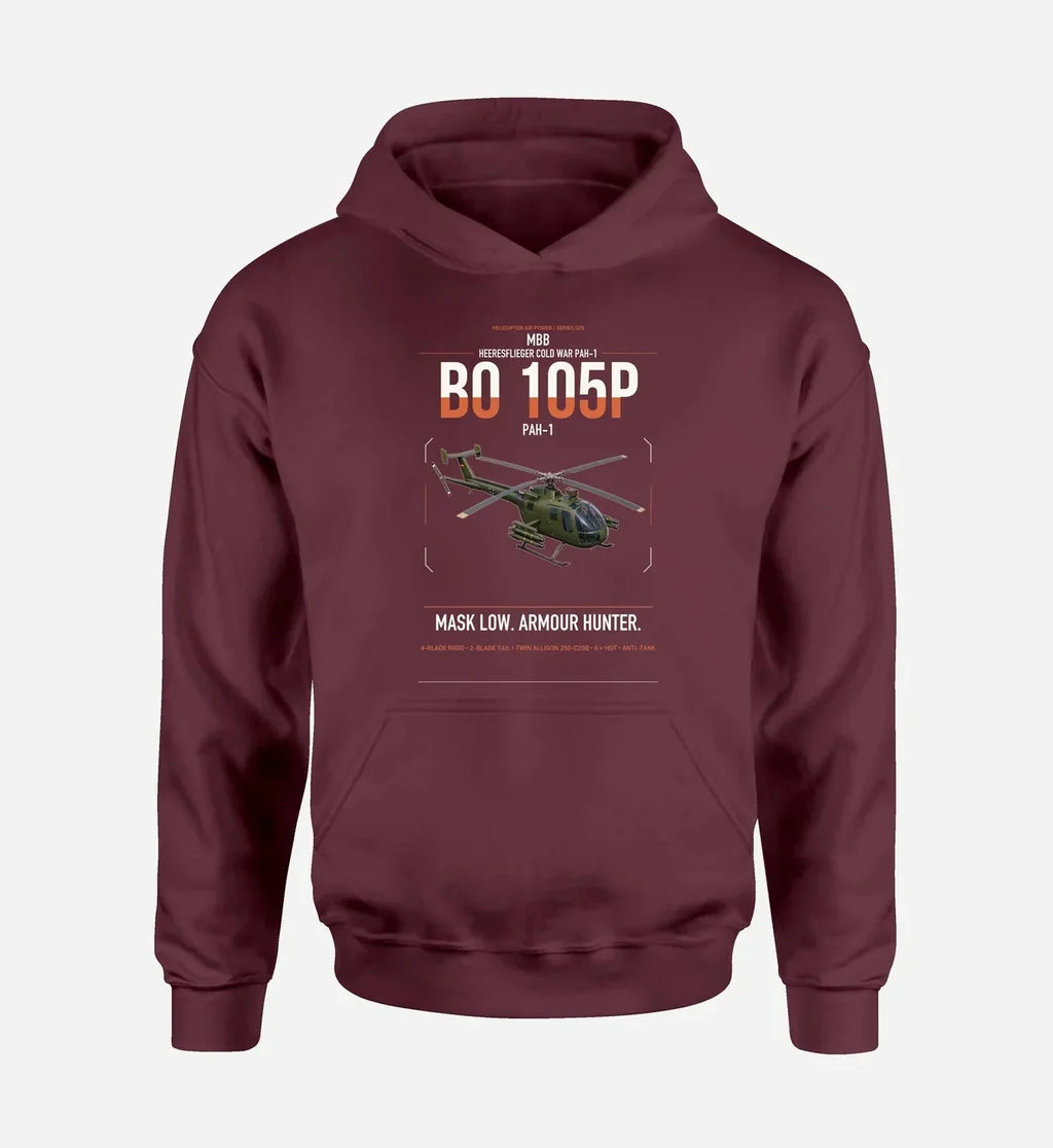 MBB BO 105P PAH-1 design on dark red double-side hoodie, single-side print