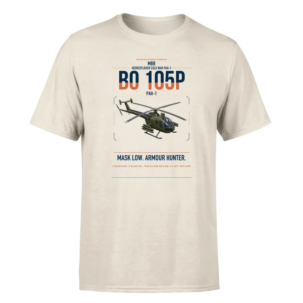 MBB BO 105P PAH-1 design on beige t-shirt, single-side print