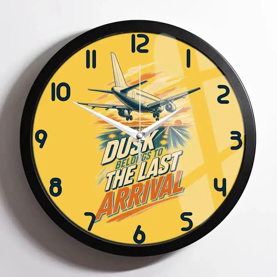 Dusk Belongs To The Last Arrival design on yellow framed wall clock