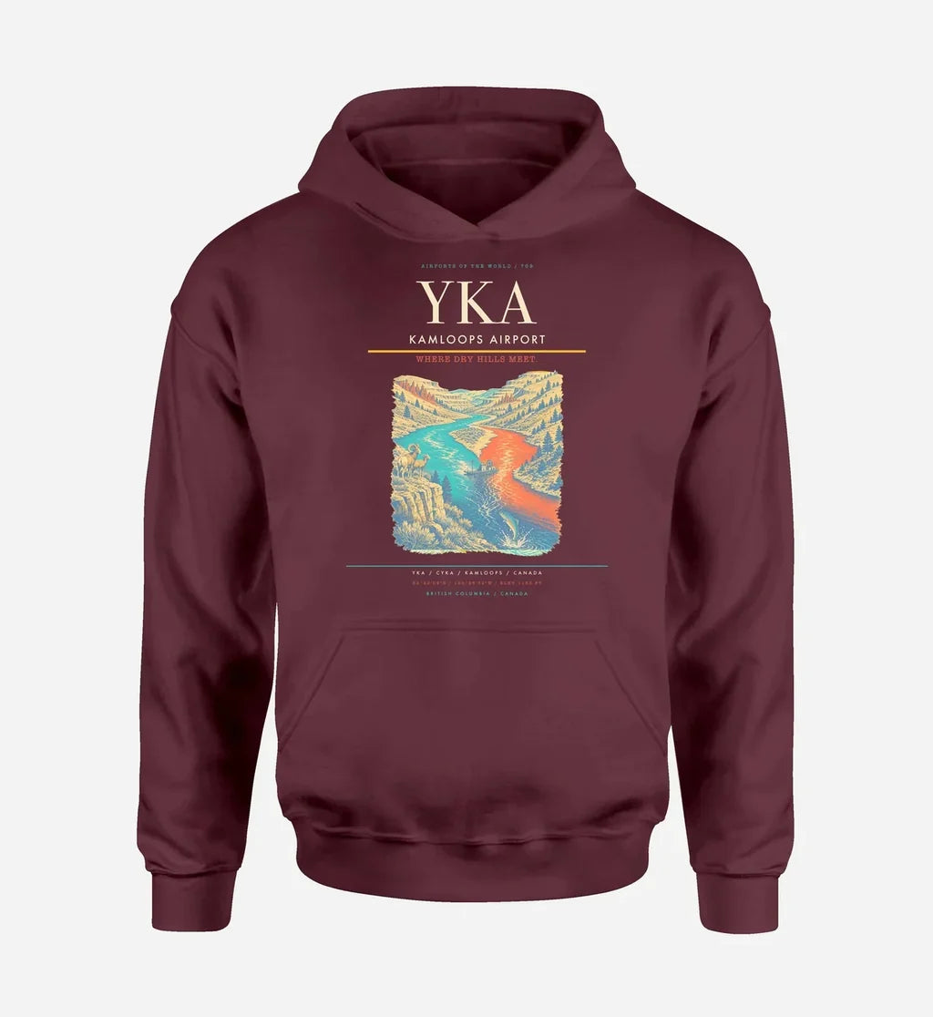 Kamloops Airport (YKA) design on dark red hoodie single-side print