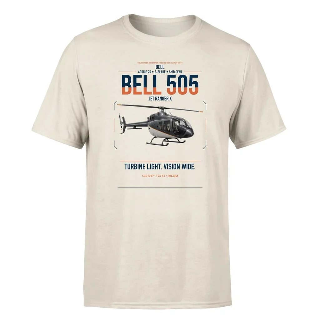 Bell 505 Jet Ranger X design on beige t-shirt, single-side print