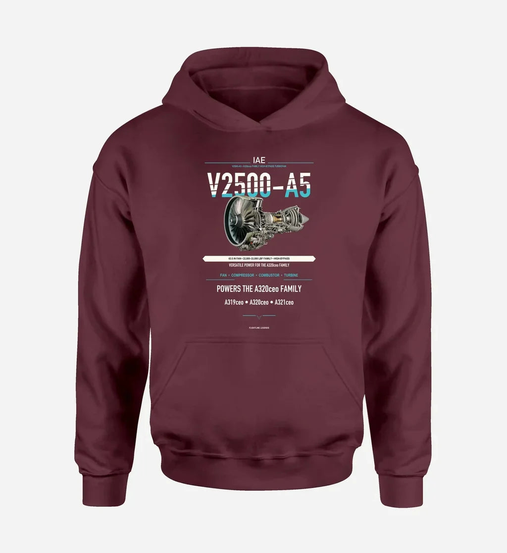 V2500-A5 design on dark red hoodie single side