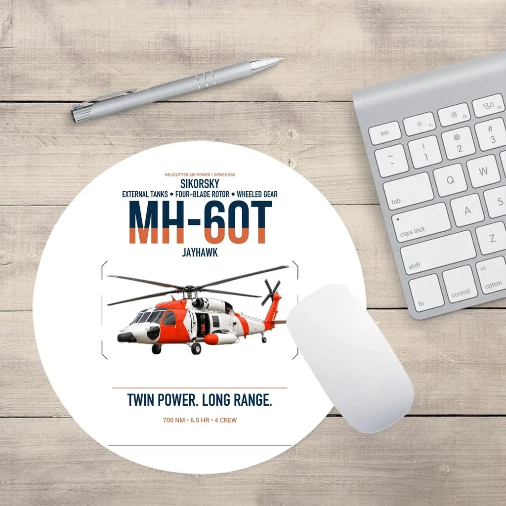 Sikorsky MH-60T Jayhawk design on white round mouse pad