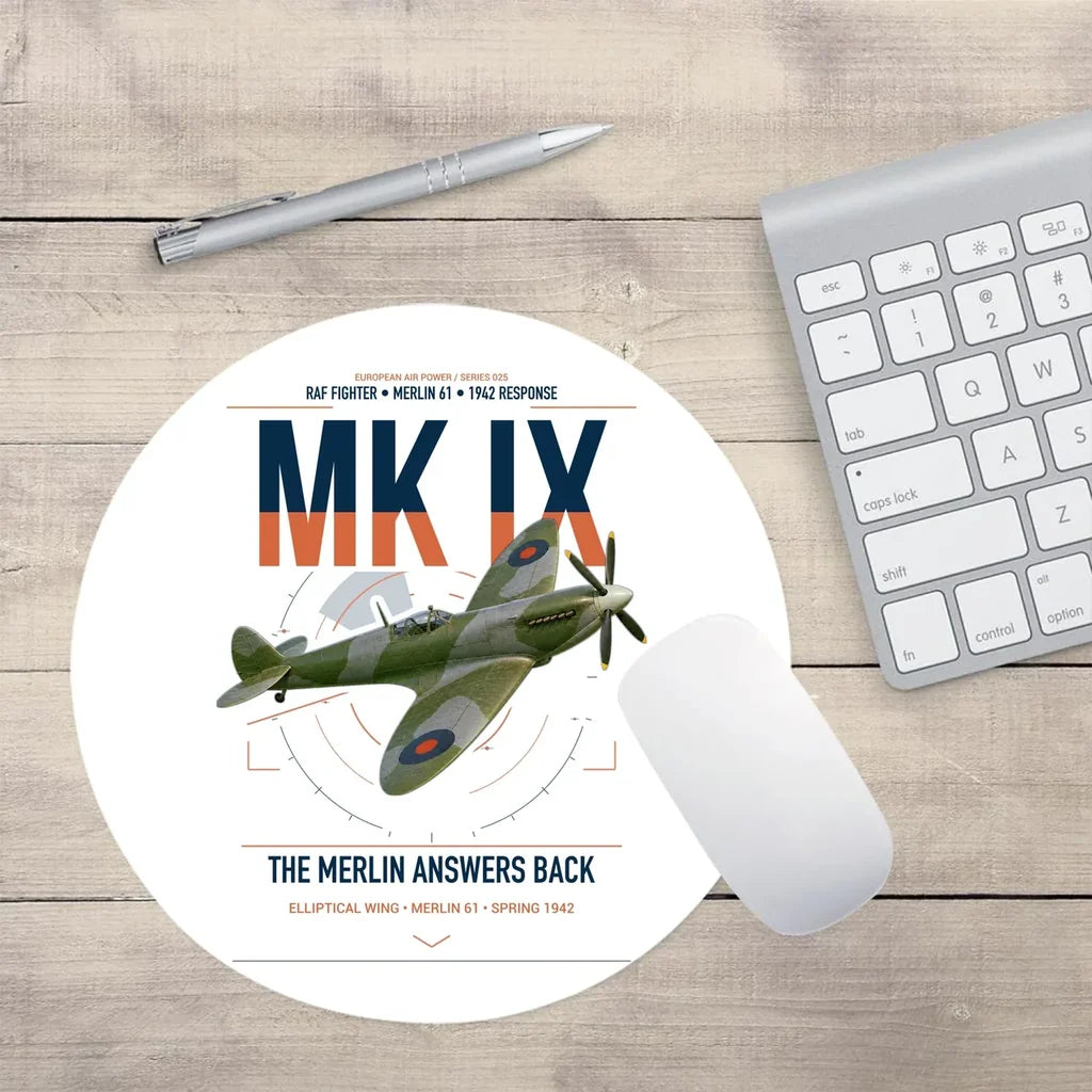 Supermarine Spitfire Mk IX design on white round mouse pad