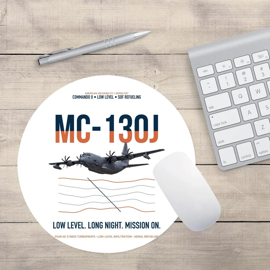 MC-130J COMMANDO II design on white round mouse pad