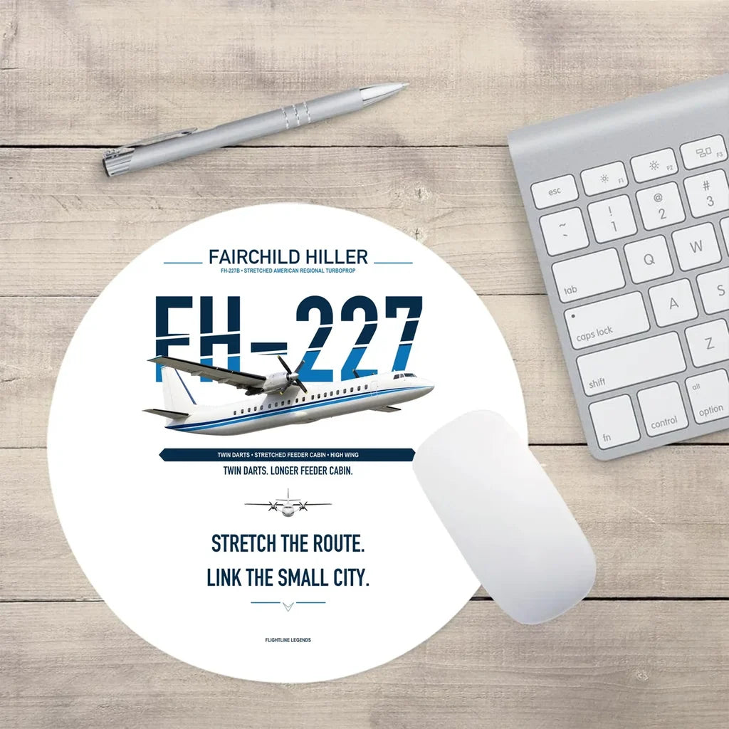 Fairchild Hiller FH-227B design on white round mouse pad