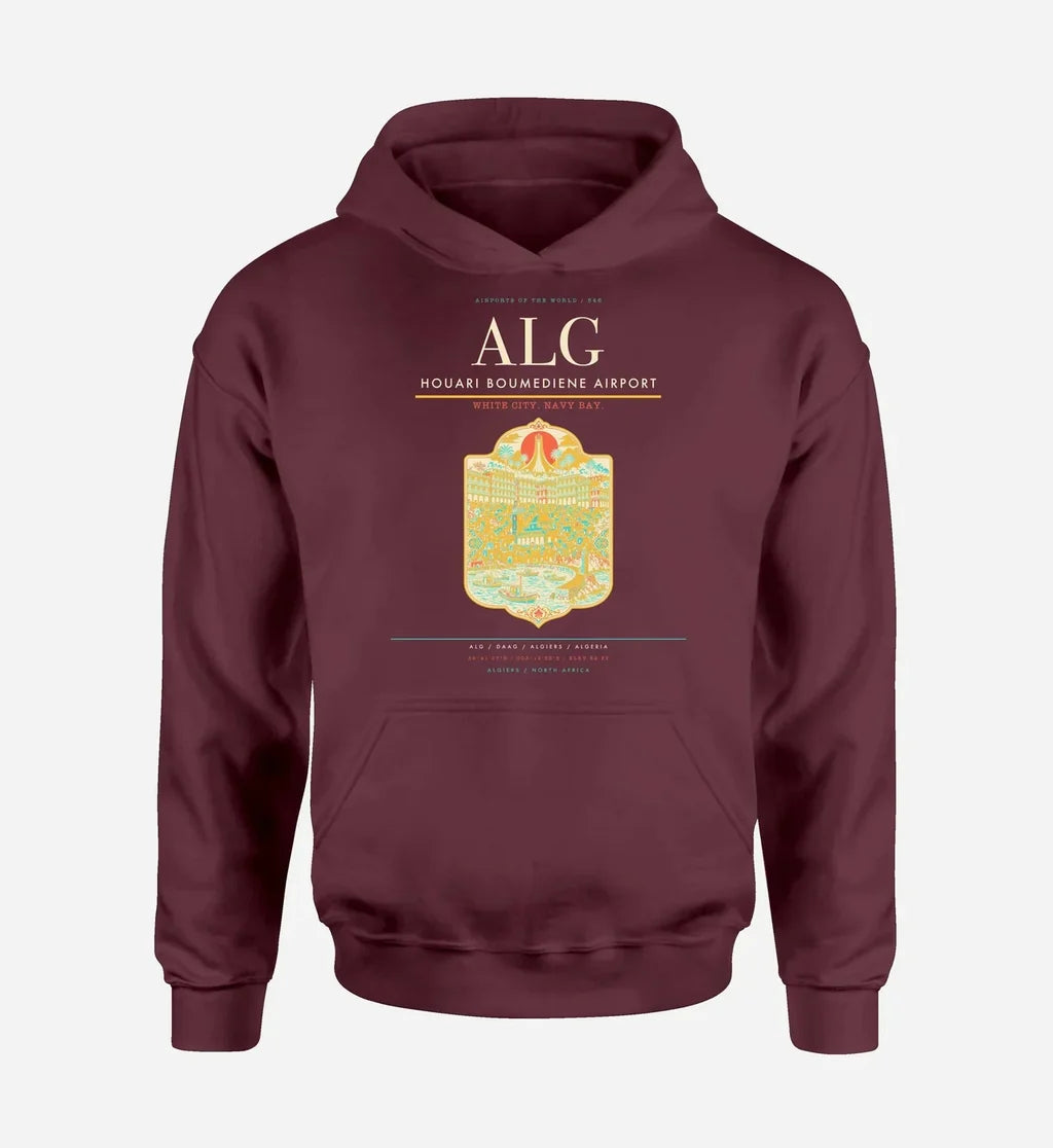Houari Boumediene Airport (ALG) design on dark red hoodie single-side print
