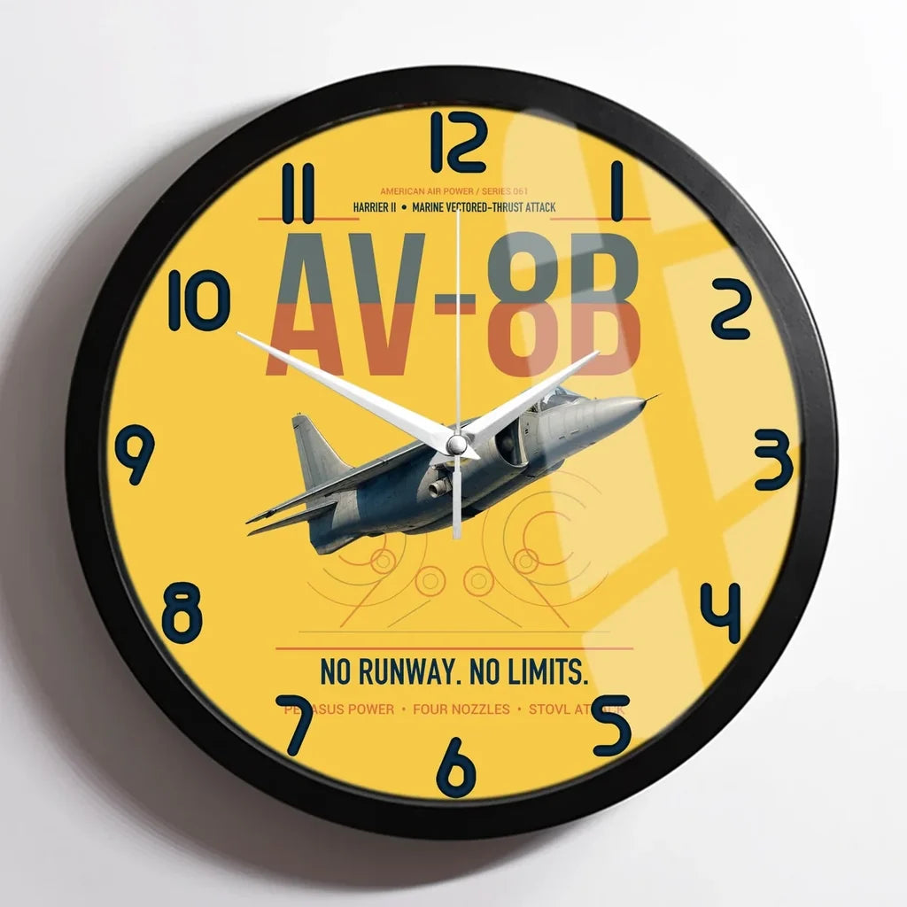 AV-8B Harrier II design on yellow framed wall clock