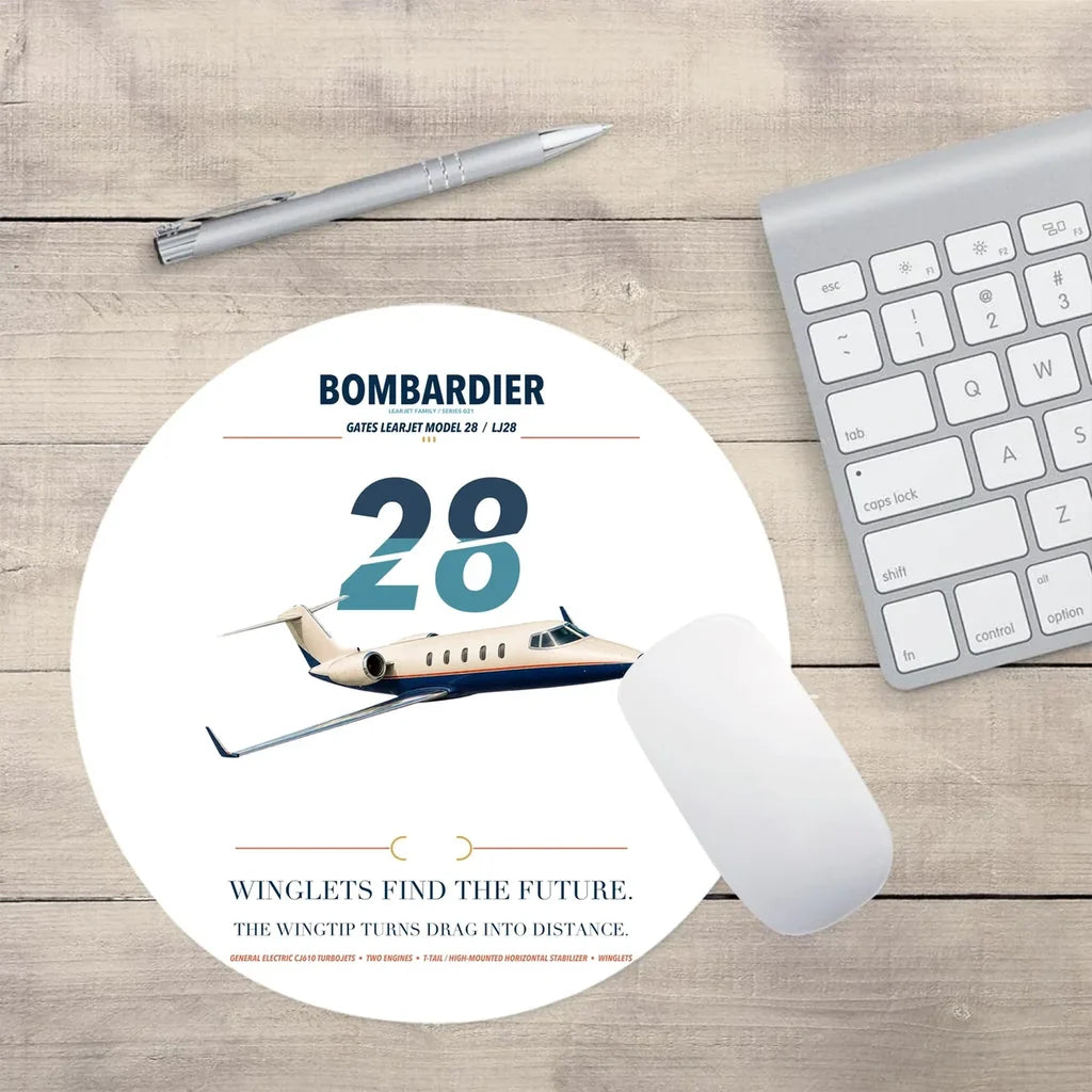 Bombardier Learjet 28 design on white round mouse pad